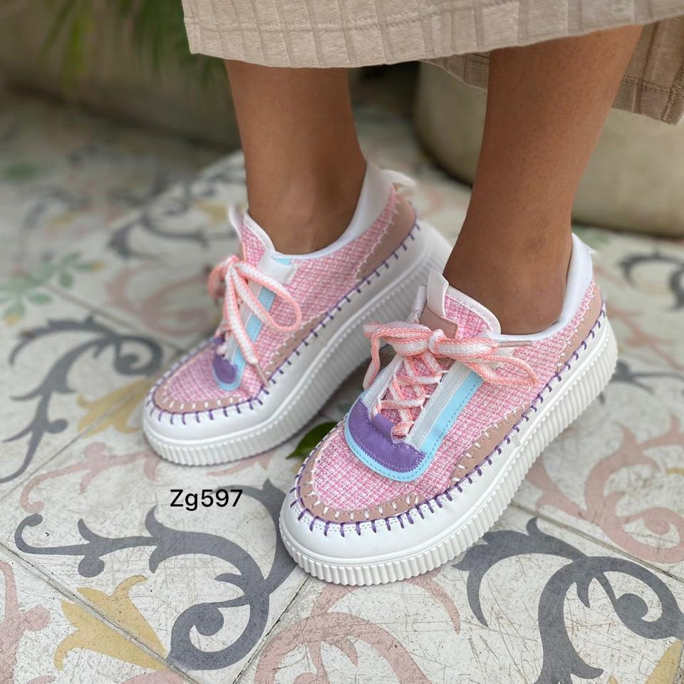 Tenis rosado tejido detalles colores plataforma 6cm EV-298 C-74